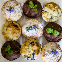 View form directly above of different flavours of freshly baked homemade muffins on a white plate.