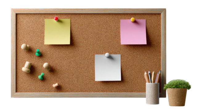 Cork Board of Creative Thoughts: A detailed shot of a cork board holds various elements of creativity, a visual representation of brainstorming and planning