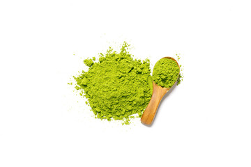Top view green matcha tea powder isolated on white background