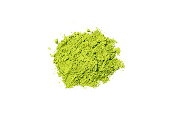 Top view green matcha tea powder isolated on white background