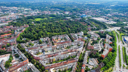 Aerial view of the old town of the city Kiel in Germany on an overcast day in afternoon