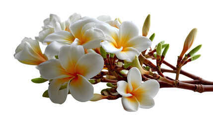 Naklejka premium Tropical Floral Delight: A cluster of delicate white and yellow plumeria blooms in full view, their intricate petals radiating freshness and tropical charm.