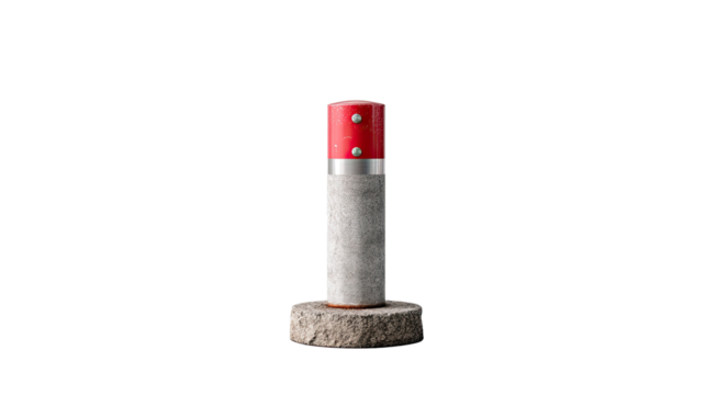 Signpost to Progress: An eye-level, detailed shot spotlights a modernistic signpost with a vibrant red top and weathered gray base, showcasing innovation in the urban sphere.