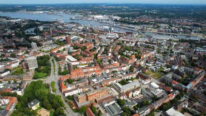 Aerial view of the old town of the city Kiel in Germany on an overcast day in afternoon