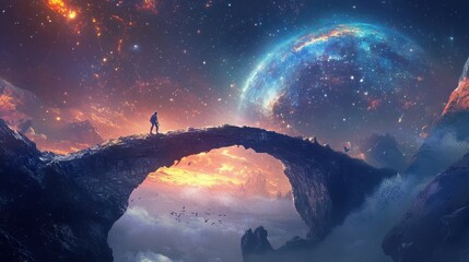 Solitary Journey Across Cosmic Bridge: A lone figure embarks on a surreal journey across a majestic stone bridge arching over swirling clouds towards a vibrant, alien planet.