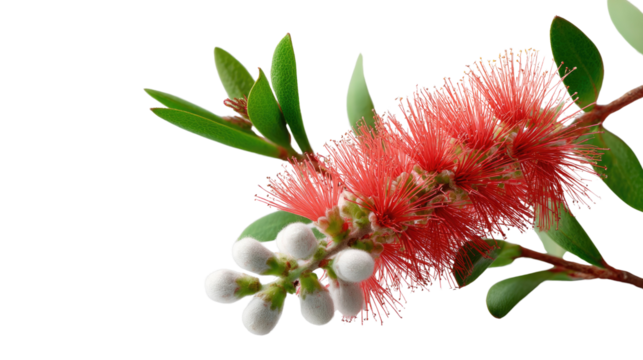 Bottlebrush Bloom: A captivating macro shot showcases the vibrant beauty of a bottlebrush flower with its crimson petals and delicate white buds, a testament to nature's artistry.