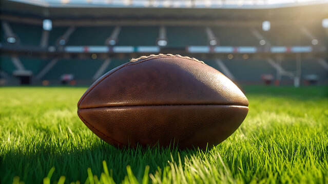 Rugby Ball Resting on Green Grass Field Under Bright Sunlight Awaiting Game in Empty Stadium Stands Background
