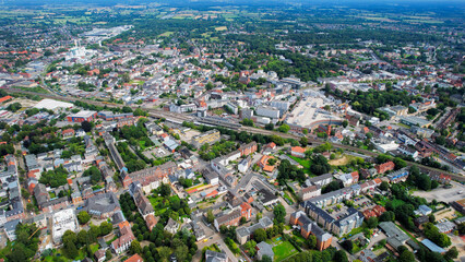 Aerial view of the old town of the city Neumünster in Germany on an overcast day in afternoon