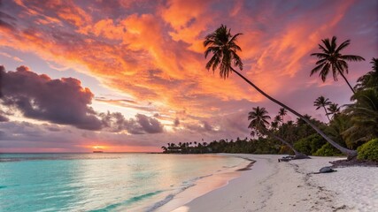Sunset on the beach of Caribbean Sea – tropical paradise with palm trees, calm tide, golden sunlight, orange sky, sandy shore, travel destination, summer seascape, ocean waves, and blue lagoon