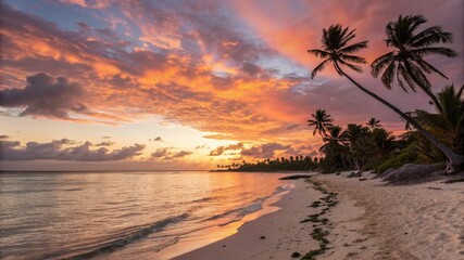 Sunset on the beach of Caribbean Sea – exotic island with red and gold sky, palm leaf silhouettes, calm ocean, dusk horizon, tropical landscape, nobody around, peaceful vacation escape