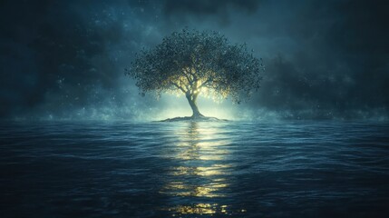 Solitary Tree on Moonlit Water: A single tree stands on a small island, its branches reaching towards a mysterious moonlit sky, reflecting in the serene water below.