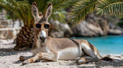 Cute donkey wearing sunglasses enjoys relaxing beach day at tropical resort surrounded by palm trees and clear Caribbean water