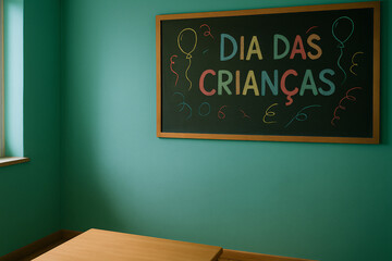 Quadro negro decorado com a frase "Dia das Crianças" em letras coloridas, balões desenhados e ambiente de sala de aula com parede verde.