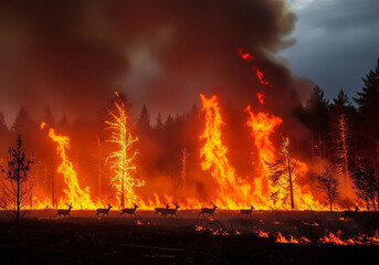 Wildfire engulfs pine forest as deer flee the burning landscape