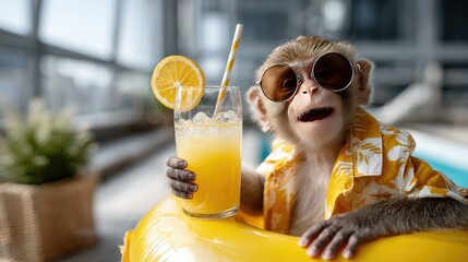 Smiling chimpanzee enjoying a cocktail in an inflatable ring while relaxing by the pool on a sunny day