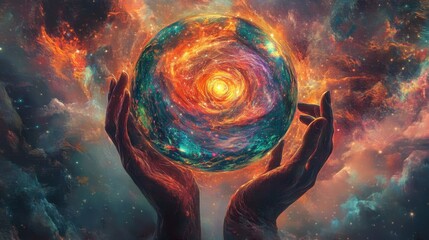 Cosmic Orb: Mystical hands cradle a vibrant cosmic orb, swirling with nebulae and stellar energy, against a backdrop of deep space.
