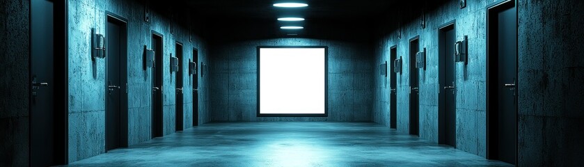 A dimly lit corridor featuring many closed dark doors