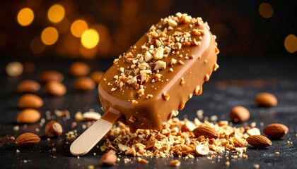 Nutty Caramel Ice Cream on a Stick
A layered ice cream bar on a stick with vanilla ice cream inside, coated in caramel and rolled in chopped nuts and chocolate.