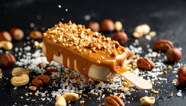 Nutty Caramel Ice Cream on a Stick
A layered ice cream bar on a stick with vanilla ice cream inside, coated in caramel and rolled in chopped nuts and chocolate. - Powered by Adobe