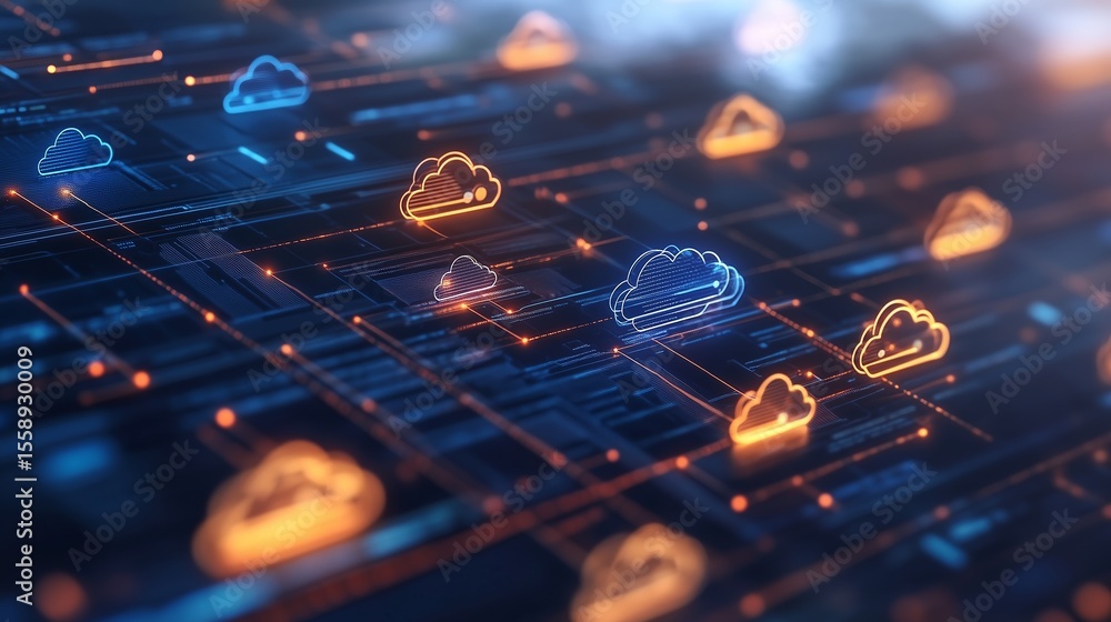 Aufkleber cloud computing technology represented by glowing icons on a network grid with vibrant colors and co
