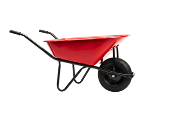 Bright red metal wheelbarrow with black handles and tire isolated on transparent background