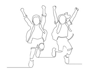 Minimalist single line drawing of two happy school children running happily. Ideal for educational content, school designs, childhood themes and fun posters.