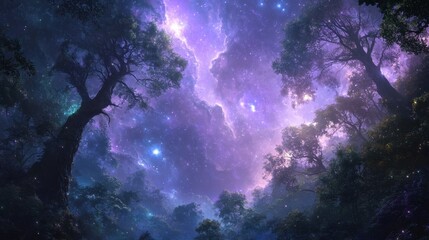 Celestial Canopy: Beneath the ethereal glow of a nebula-painted night sky, silhouetted trees and foliage create a surreal and majestic landscape.