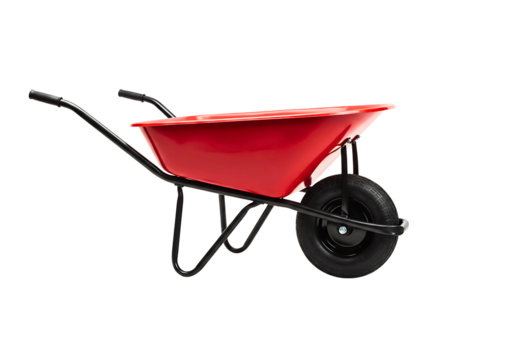 Bright red metal wheelbarrow with black handles and tire isolated on transparent background