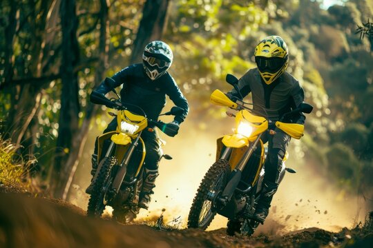 Two motorcyclists riding in dense forest path. Neural network AI generated