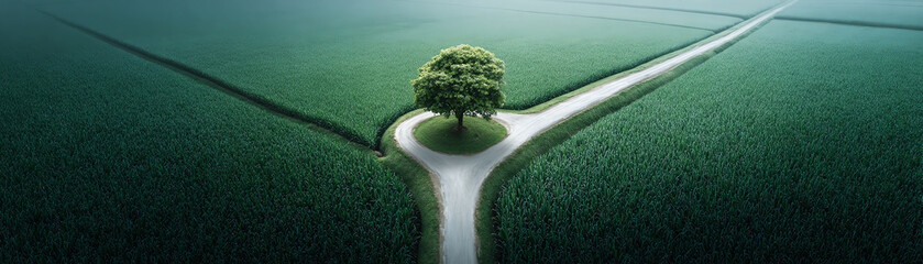 Lush green field single tree forked road aerial view summer rural landscape peaceful nature countryside symmetry