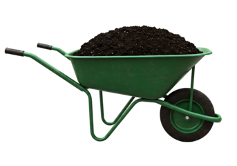 Green wheelbarrow filled with dark soil and debris isolated on transparent background