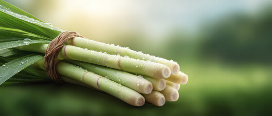 Fresh lemongrass stalks with dew, green leaves natural bundle, aromatic herb, morning light outdoor garden