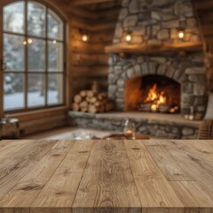     Rustic Wooden Table with Warm Natural Grain in Festive Christmas Background Featuring Bokeh Lights and Decorated Tree – Cozy Holiday Mockup Scene