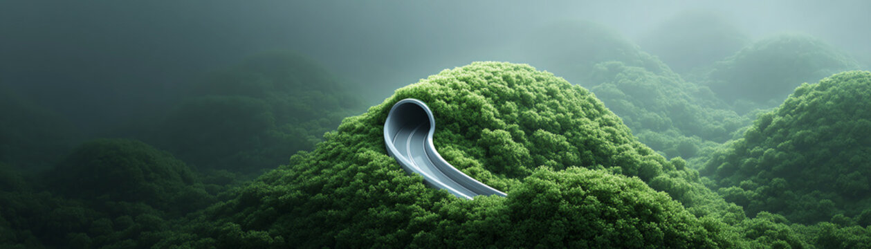 Futuristic clear Hyperloop tunnel elevated above lush green hills, misty atmosphere, innovative transportation concept
