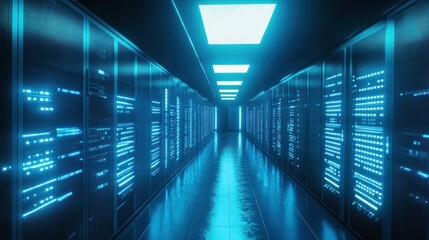 Futuristic server room illuminated in blue