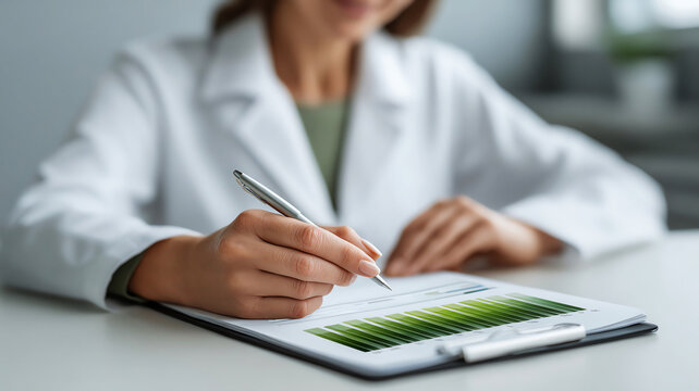 Female scientist laboratory coat pen clipboard green chart research analysis modern office focus professional