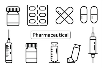 Obraz premium Collection of pharmaceutical and medical icons in a clean silhouette style