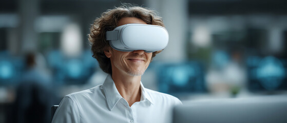Smiling man with curly hair wearing virtual reality headset in modern office, experiencing immersive technology at work