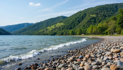 Fototapeta premium Calm Lake Shore with Pebbles and Green Forest Mountains