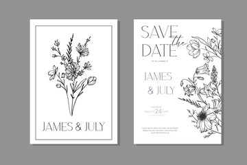 Wildflowers Wedding Invitation template, Outline Wildflowers Minimalist Wedding Invitate Template, Line Art Wildflowers Wedding