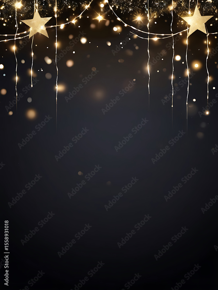Poster black and gold glowing string lights with sparkling bokeh on dark elegant background, perfect for fe