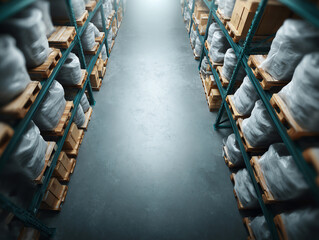 Warehouse aisle with organized shelves, cardboard boxes, pallets and efficient smart inventory management system industrial storage solution