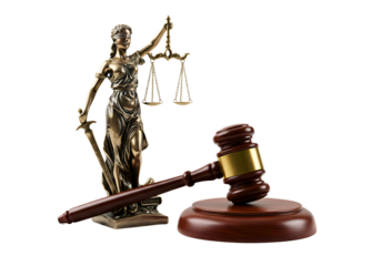 Justice statue and wooden gavel isolated on transparent background