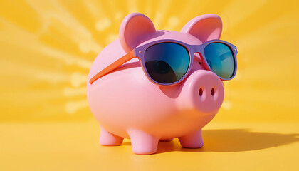 Pink piggy bank wearing sunglasses, set against a sunny yellow background. sunglasses on a clasic pink piggy bank, with a vibrant yellow background and sun rays for a summer feel