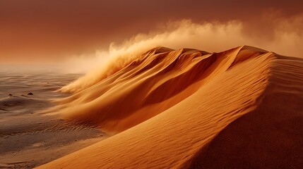Golden desert dunes sculpted by wind with sand blowing across the landscape under a hazy sky