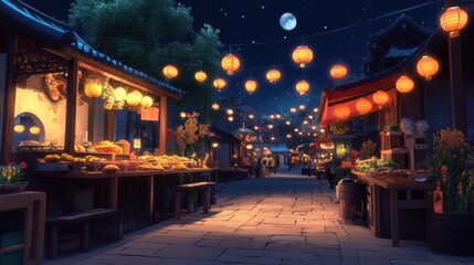 Lantern-Lit Night Market: A vibrant night market scene comes alive with the warm glow of lanterns, casting an enchanting ambiance over food stalls and cobblestone streets.