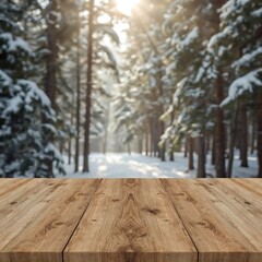     Rustic Wooden Table with Warm Natural Grain in Festive Christmas Background Featuring Bokeh Lights and Decorated Tree – Cozy Holiday Mockup Scene