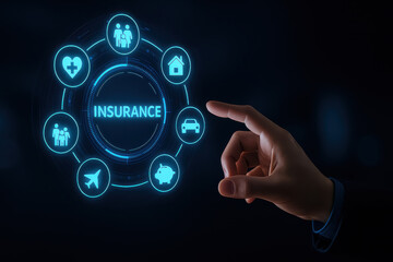 A hand is pointing to a circle with the word insurance written in the center. The circle is filled with various icons, including a heart, a car, a house, and a plane