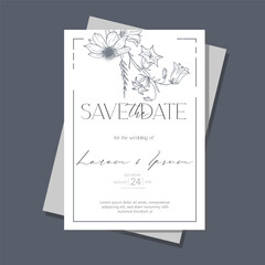 Wildflowers Wedding Invitation template, Outline Wildflowers Minimalist Wedding Invitate Template, Line Art Wildflowers Wedding