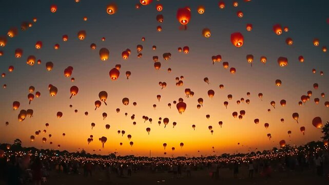 Colorful lanterns released into the evening sky during a festival, creating a stunning sunset backdrop